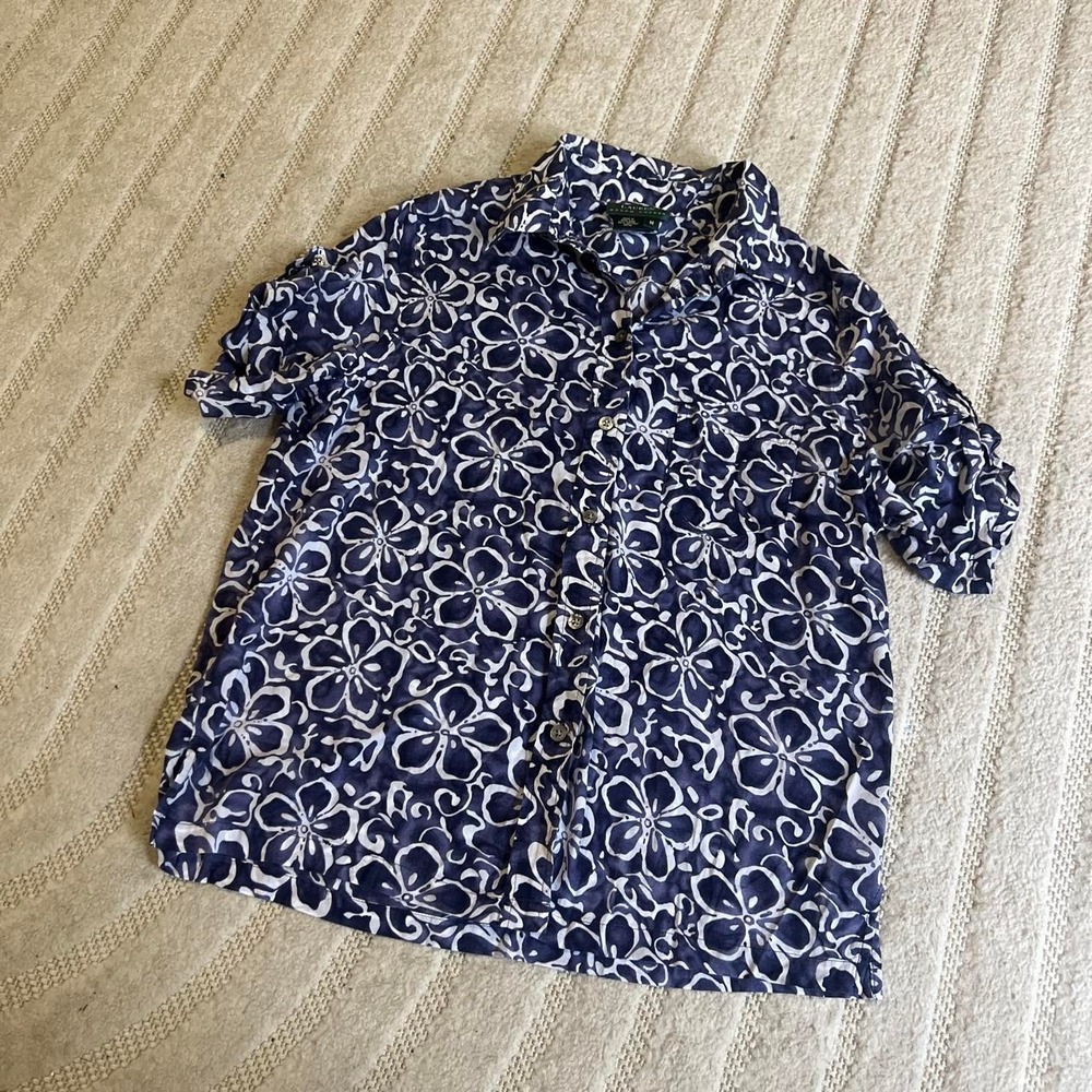 Lauren Ralph Lauren Blue Hawaiian Flower Short Sleeve Button Down M Cotton Retro